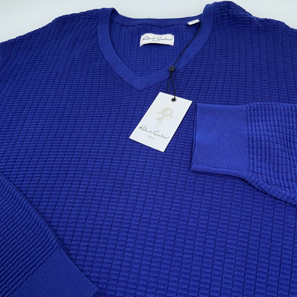 Robert Graham Mens 2XL Navy‎ Blue Selby V-Neck Waffle Knit Cotton Sweater NEW